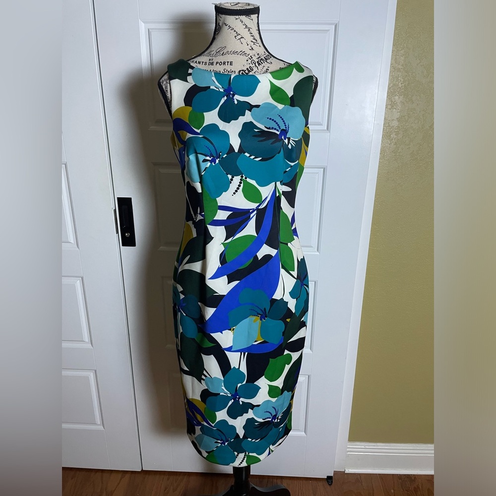 Calvin Klein Bright Floral Sleeveless Sheath Pencil Midi Dress